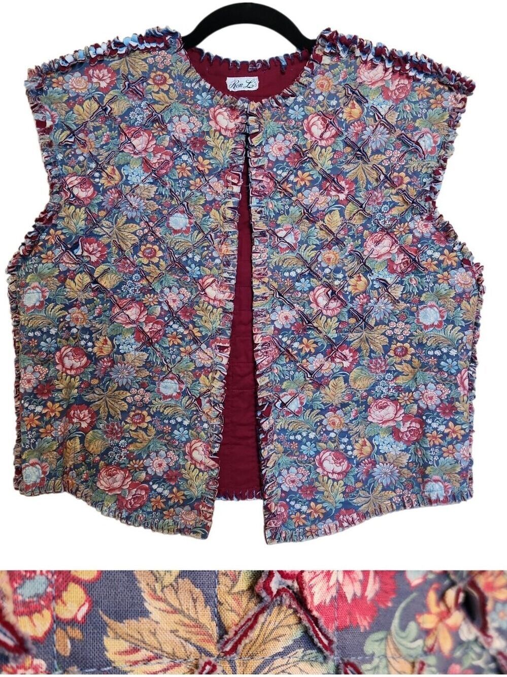 VINTAGE RON LI's FLORAL SLASH QUILTED COTTON VEST WEARABLE ART MEDIUM/LARGE